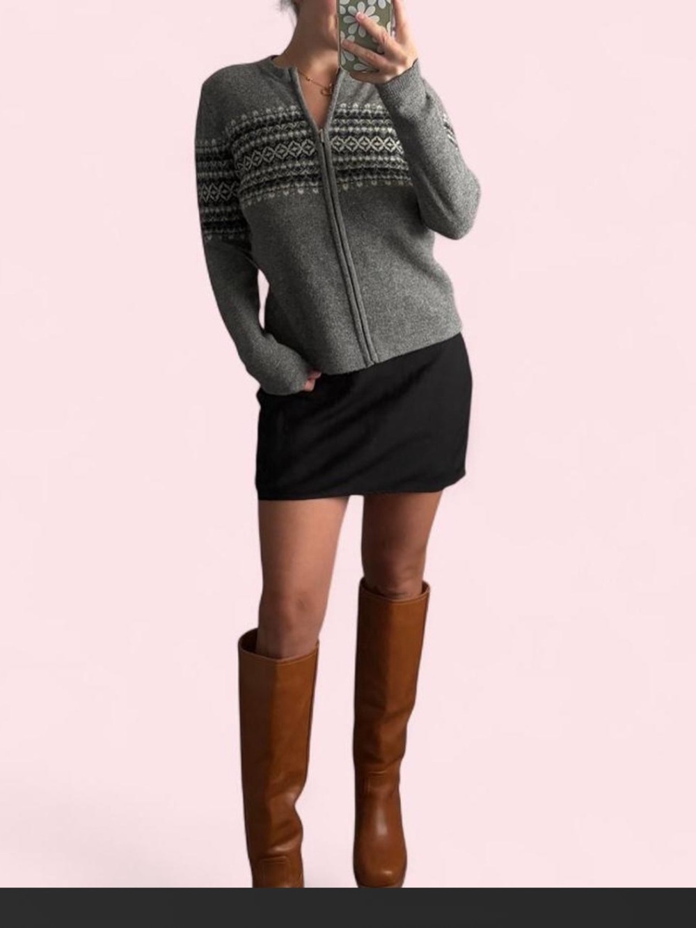 Vintage Rosanna Women’s Gray Zip-Up Fair Isle Wool Sweater with Navy Accents